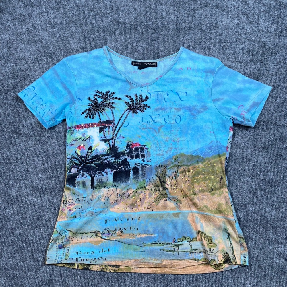 Mirror Image Womens Blue Tropical Landscape Sequin V-Neck T-Shirt Small S